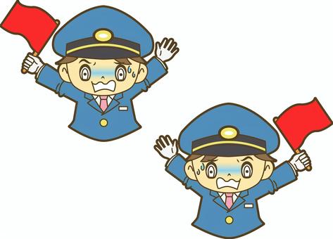 赤い旗を振る鉄道員 駅員,車掌,運転士,運転手,鉄道員,乗務員,鉄道,新幹線,路面電車,地下鉄のイラスト素材