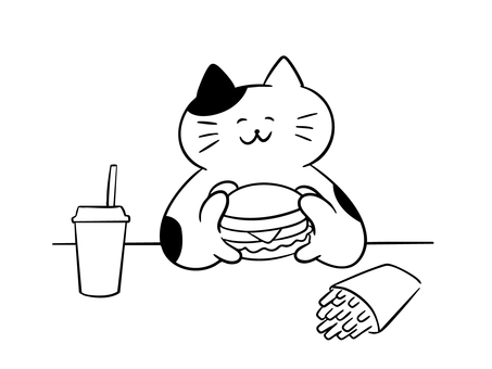 Illustration, cat, hamburger, fast food, 