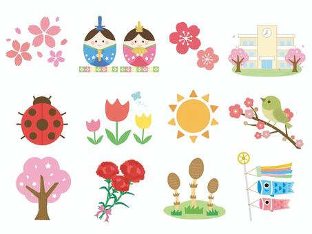 春素材セット 春,セット,ひなまつり,梅,おひなさま,桜,鯉のぼり,子供の日,つくし,ちょうちょのイラスト素材