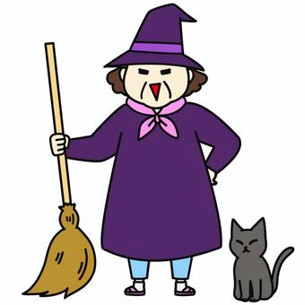魔女の仮装をした中年の女性 おばさん,魔女,ハロウィン,仮装,コスプレ,黒猫,衣装,ほうき,笑顔,11月のイラスト素材