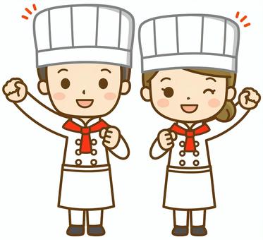 シェフの男女(全身図) シェフ,コック,料理人,調理師,パティシエ,パティシエール,コック帽,調理,料理,キッチンのイラスト素材