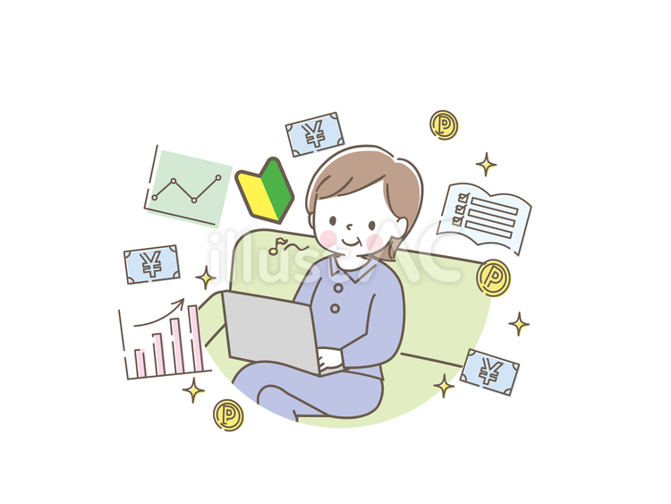 PCでポイ活する笑顔の女性のイラスト素材 ポイ活,ポイントサイト,中年のイラスト素材