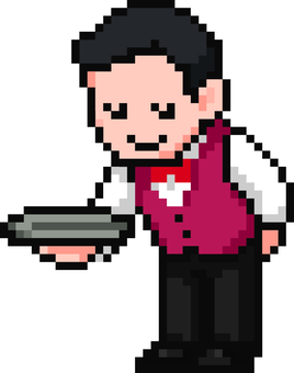 ドット絵の赤のウェイターです。 ドット絵,レストラン,シンプル,サービス,ホール,フロア,接客,配膳,飲食業,接遇のイラスト素材