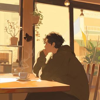 窓辺のカフェで考える時間 窓辺のカフェで考える時間 風景,カフェ,人物のイラスト素材