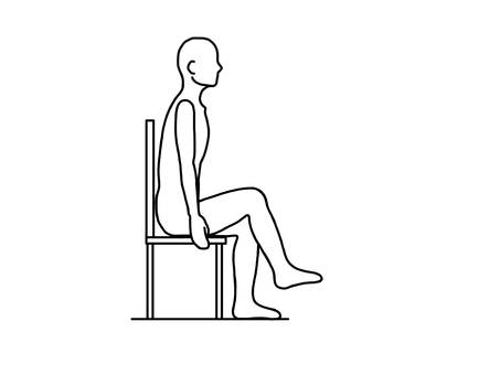 椅子に座り膝直角で太腿を上げる猫背の人 座位,猫背,腿上げ,エクササイズ,横向き,線画,白黒のイラスト素材