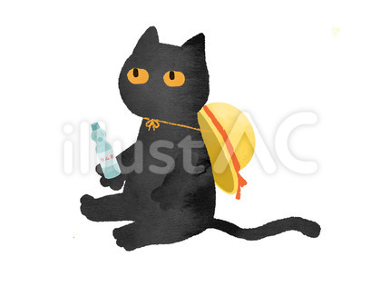 夏のくつろぐ黒猫キャラクター
