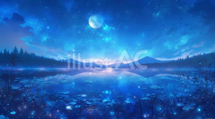 湖と月２ 湖,月,星のイラスト素材