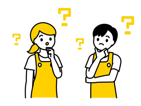 考えるエプロン姿の男女02 人物,男性,女性,20代,30代,40代,疑問,はてな,考える,飲食店のイラスト素材