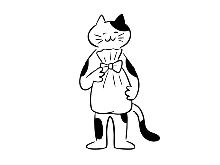 プレゼントを持つ猫２（モノクロ） 猫,プレゼント,贈り物,クリスマスプレゼント,誕生日プレゼント,記念日,暮らし,かわいい,ゆるい,手描きのイラスト素材