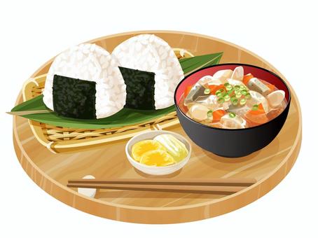 おにぎりとけんちん汁 おにぎり,けんちん汁,朝食,和食,料理,食べ物,ご飯,米,にんじん,ごぼうのイラスト素材