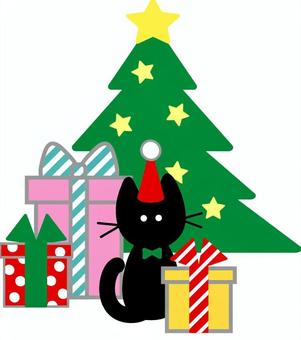 黒猫とクリスマスのイラスト 黒猫,リボン,とんがり帽子,クリスマス,パーティ,プレゼント,たくさん,ツリー,もみの木,スターのイラスト素材