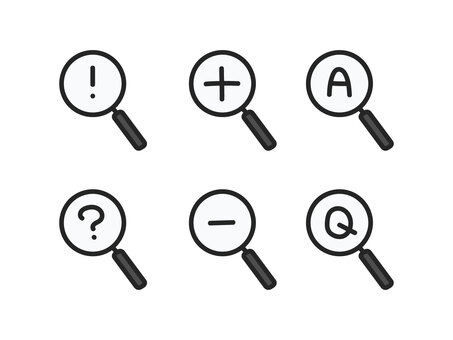 手描きの虫眼鏡のイラストセット 虫眼鏡,セット,拡大,縮小,ビックリ,？,疑問,答え,質問,素材のイラスト素材