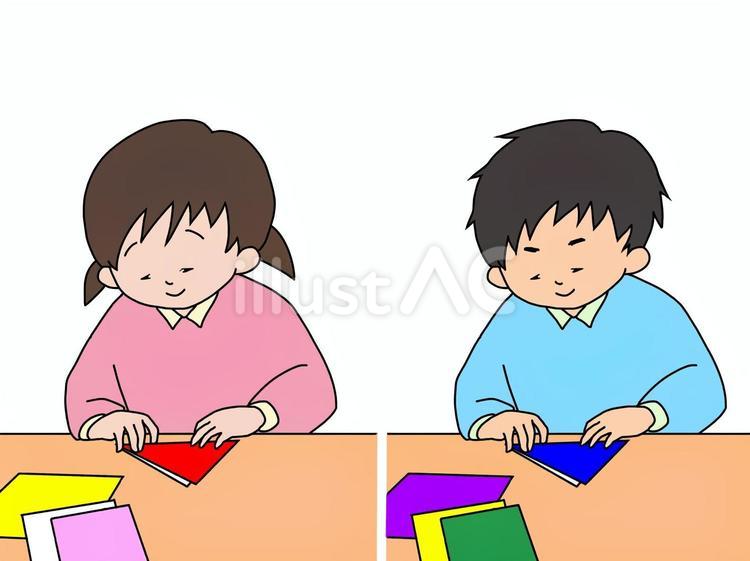 折り紙を折る子どもたち 折り紙,折る,女のイラスト素材