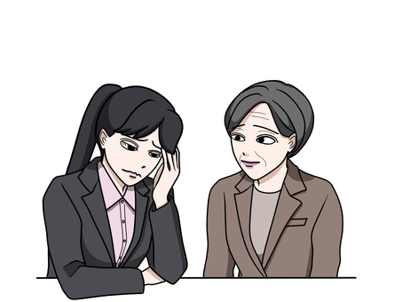 落ち込むスーツ女性と寄り添う中年上司 悩む,落ち込む,スーツ,女性,上司,新人,中年,若手,アドバイス,話し合いのイラスト素材