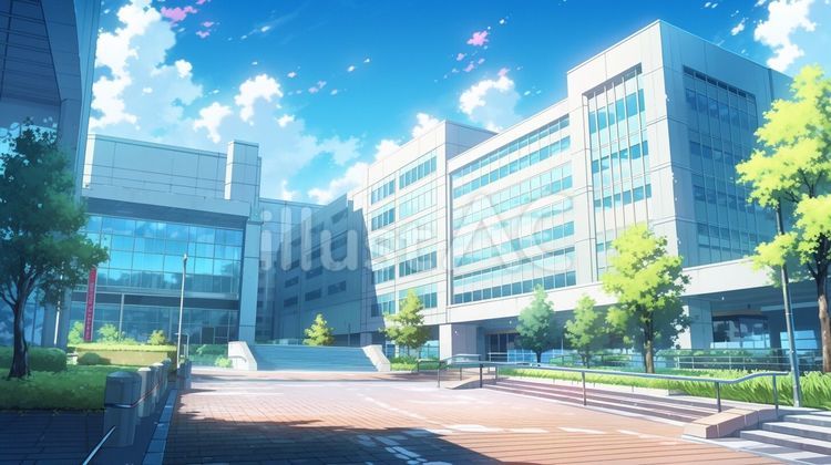 校舎の入り口前＿アニメ 大学,校舎,入口のイラスト素材
