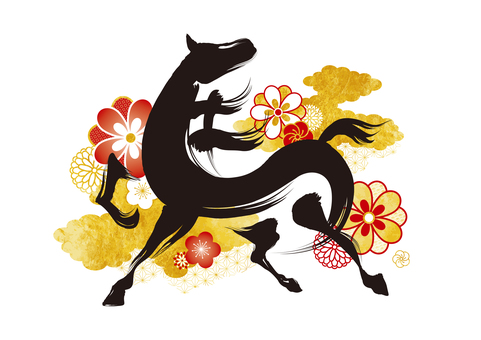 和柄オシャレな黒馬のイラスト