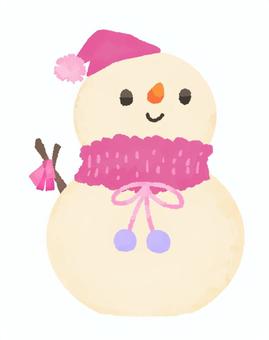 【水彩風手描き】かわいい雪だるま２（桃）  ゆきだるま,雪遊び,外遊び,スノーマン,雪,冬,ピンク,桃色のイラスト素材