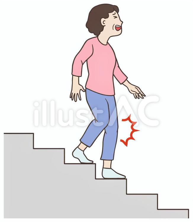 階段を下る時に膝が痛い中年女性、おばさん 階段,下る,降りるのイラスト素材
