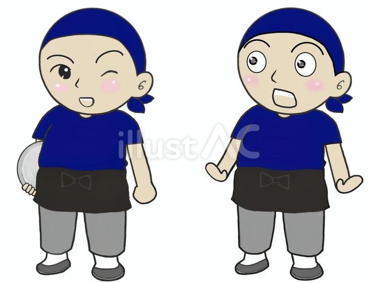 ２通りの態度と表情の飲食店等の男性店員 男性,ミニキャラ,スーパーマーケットのイラスト素材