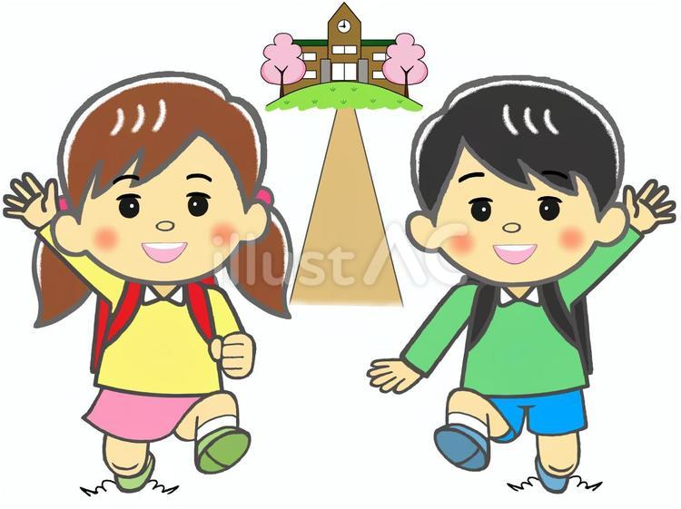 丘の上の小学校から走って帰宅する子供達 子供,小学生,低学年のイラスト素材