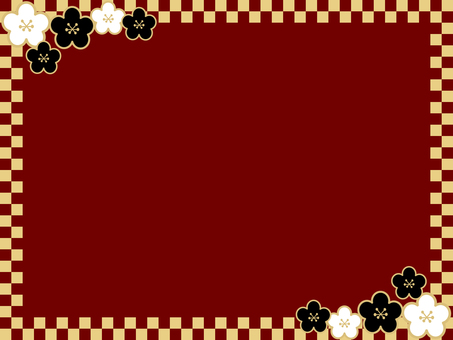 格子柄　梅の花　フレーム　赤×ゴールド2 フレーム,枠,背景,和柄,格子柄,梅の花,梅,正月,年賀状,シックのイラスト素材