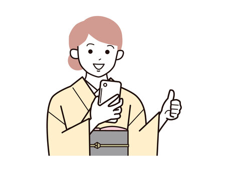 スマホグッドサイン着物女性A右向／カラー スマホ,親指,サイン,女性,お母さん,着物,講師,20代,30代,40代のイラスト素材