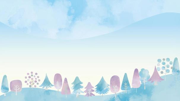 北欧風　冬の樹々水彩タッチフレーム1 クリスマス,冬,北欧風,水彩,木,自然,緑,植物,風景,優しいのイラスト素材