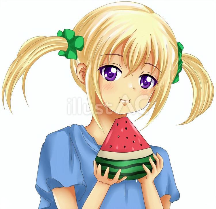 スイカを食べる 女の子,オリキャラ,萌えのイラスト素材