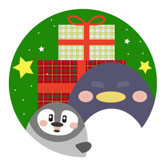 プレゼントとペンギン親子 ペンギン,生き物,動物,動物園,野生,プレゼント,クリスマス,xmas,箱,プレゼントボックスのイラスト素材
