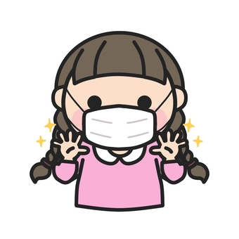 洗った手をみせるマスクをした女の子5 女の子,マスク,手洗い,保健だより,小児科,耳鼻科,手洗い指導,てあらい,清潔,衛生のイラスト素材