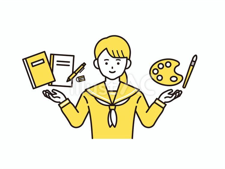 勉強と部活を両立する女子学生A（黄色） 学生,部活,勉強のイラスト素材