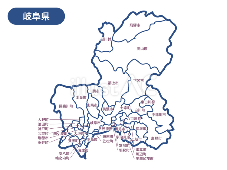 岐阜県の地図の線画（市町村名つき） 地図,東海,岐阜県のイラスト素材
