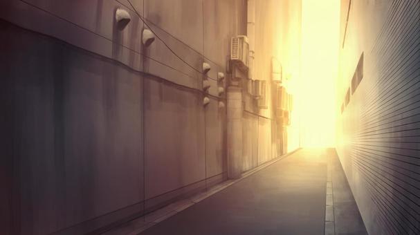 夕暮れの路地裏　背景イラスト 路地裏,裏道,裏路地,抜け道,生活道路,裏通り,路上裏,路地,小道,細道のイラスト素材