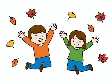 落ち葉ではしゃぐ子どものイラスト 秋,季節,落ち葉,葉っぱ,枯れ葉,紅葉,紅葉狩り,イチョウ,銀杏,もみじのイラスト素材