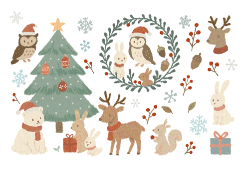 森のクリスマス 水彩,手描き,動物,クリスマス,サンタ,鹿,しろくま,うさぎ,りす,梟のイラスト素材