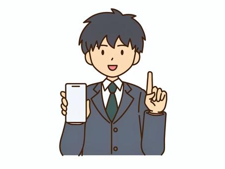 スマホを見せてアドバイスするスーツ男性