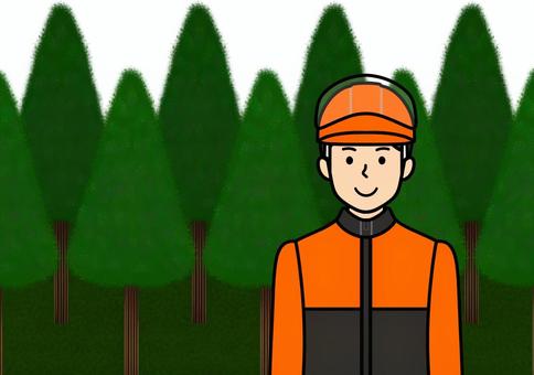 森・木々と林業の作業員の男性 森,木,林業,ヘルメット,作業員,作業服,作業着,オレンジ,男性,仕事のイラスト素材