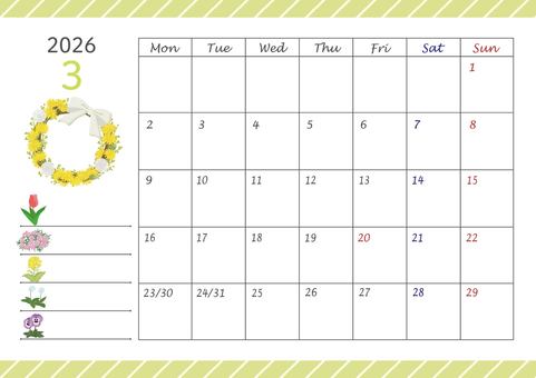 2026カレンダー/03はがきサイズ カレンダー,2026年,令和8年,3月,マンスリー,卓上,月曜始まり,スケジュール,暦,リースのイラスト素材