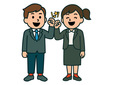 男サラリーマンと女OLの同僚コンビＡ サラリーマン,ol,オフィスレディー,カジュアル,仕事,ペア,同僚,笑顔,リラックス,共演のイラスト素材