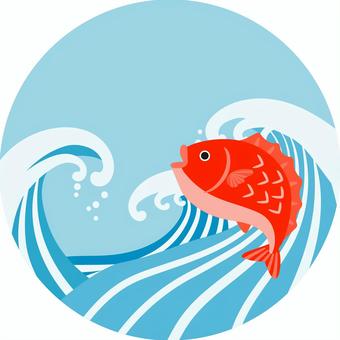 丸に荒波に鯛のフレーム 荒波,鯛,高波,波,フレーム,丸,海,水,泡,浮世絵のイラスト素材