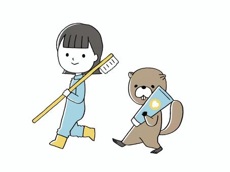 歯磨きし隊 行進 歯磨き,女の子,手描き,アナログ,かわいい,キュート,動物,歯ブラシ,歯磨き粉,歯のイラスト素材