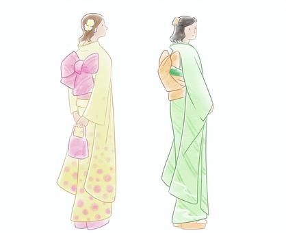 着物振袖 後ろ姿2人 着物振袖 後ろ姿2人 着物,振袖,後ろ,華やか,パーティ,成人式,明るい黄色,明るい緑,初詣,お見合いのイラスト素材