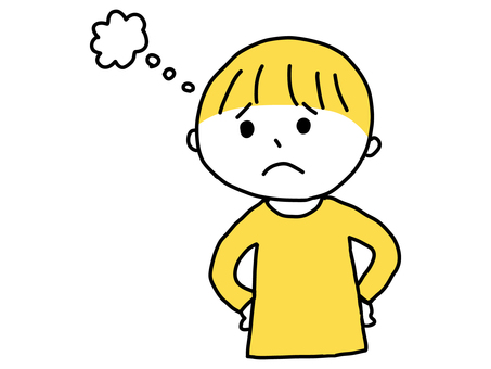 腰に手を当てて考える男の子 悩む,考える,モヤモヤ,不安,憂鬱,男の子,男子,キッズ,子供,人物のイラスト素材