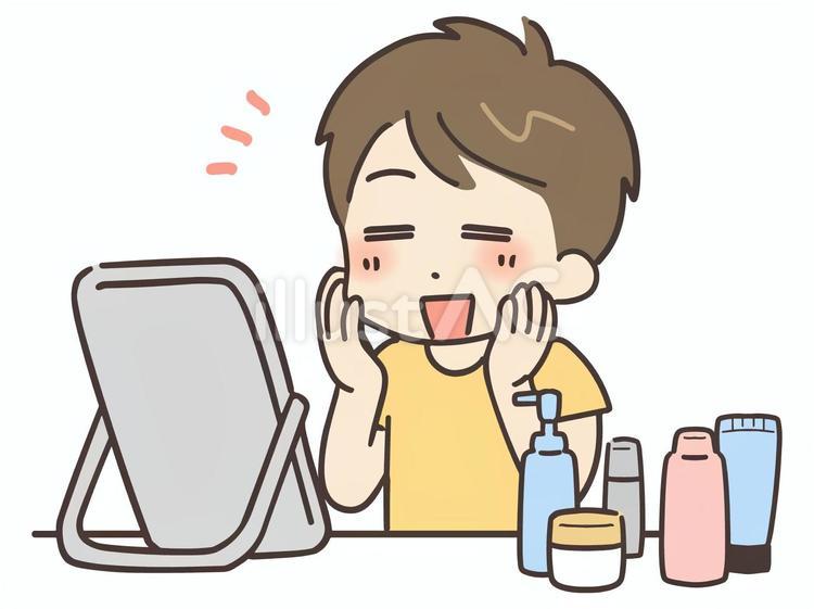 いろいろな化粧品を試している笑顔の男性 美容,男性,スキンケアのイラスト素材