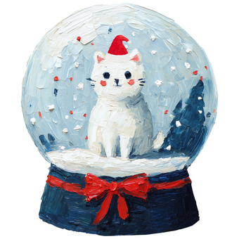 猫のスノードームイラスト クリスマス,スノードーム,スノーボール,猫,サンタ帽,冬,雪,手描き,絵の具風,厚塗りのイラスト素材