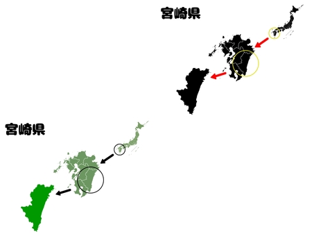 宮崎県 宮崎,県,地図,セット,九州,地方,都道府県,マップ,日本,日本列島のイラスト素材