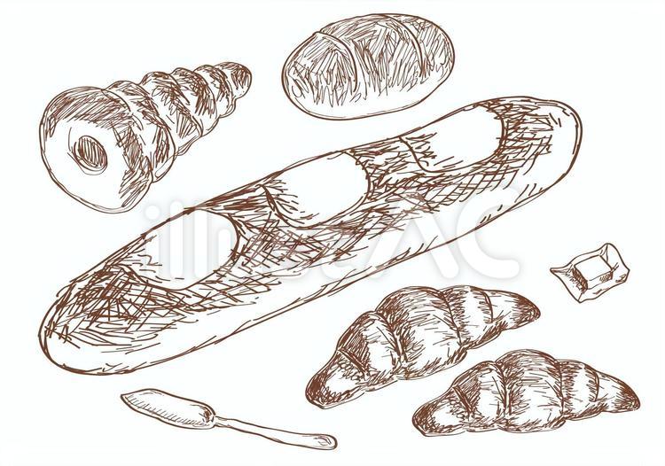 パンたち（線画） フランスパン,クロワッサン,バターのイラスト素材