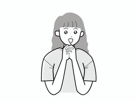 手を組んで目を潤ませる若い女性／白黒 上半身,半袖,両手,潤ませる,キラキラ,女性,お母さん,ママ,学生,社会人のイラスト素材