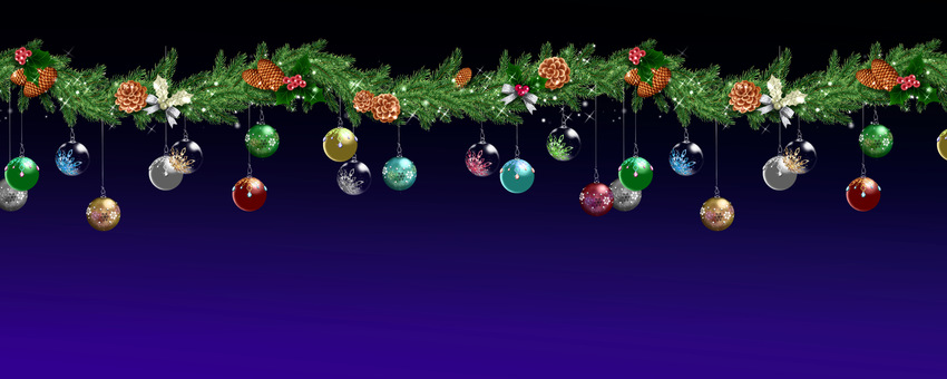 モミの枝とオーナメントの横長背景　青 クリスマス,モミ,オーナメント,飾り,デコレーション,背景,テンプレート,テクスチャ,壁紙,横長のイラスト素材