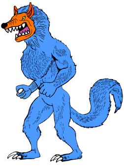 独特な色合いの狼男 狼男,妖怪,手描き,青,怪物,モンスター,全身のイラスト素材